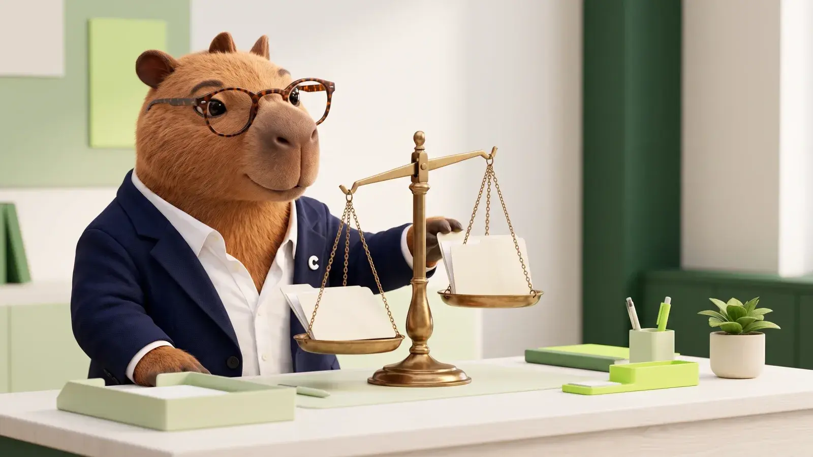 Capzbara, the Capzy mascot, weighing two plain paper folders on a brass balance scale at a tidy desk