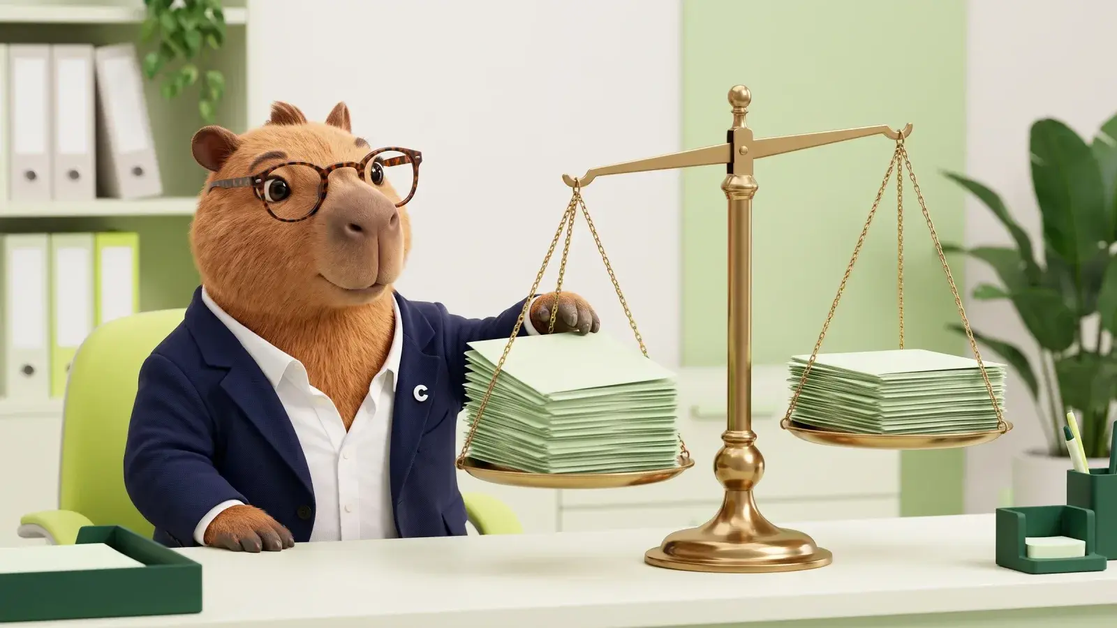 Capzbara at a tidy desk checking two matching stacks of plain paper folders on a brass balance scale