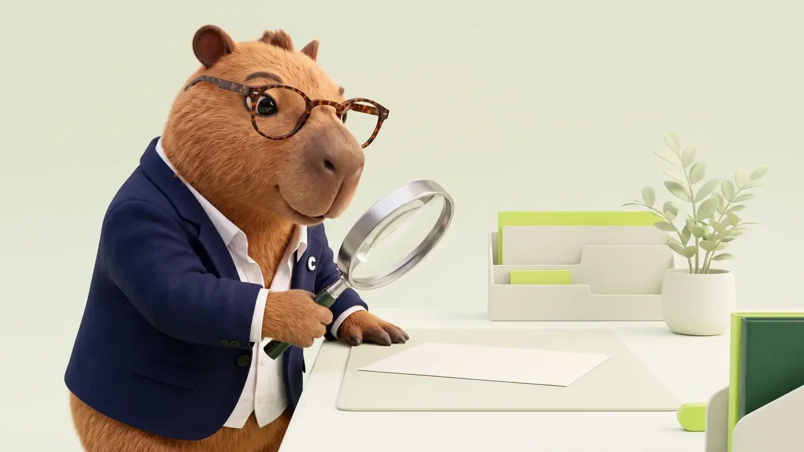 Capzbara, the Capzy mascot, holding a magnifying glass over a plain paper report on a tidy desk
