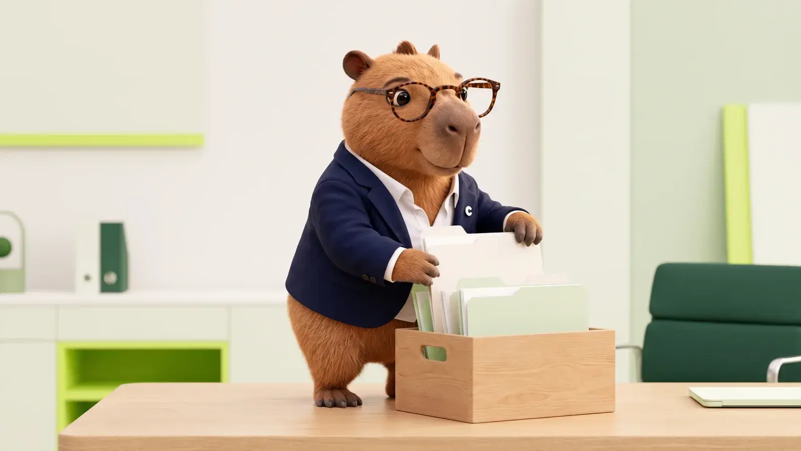 Capzbara, the Capzy mascot, gathering several loose paper folders into one tidy box on a desk