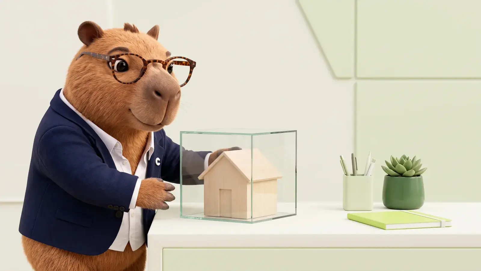 Capzbara, the Capzy mascot, placing a small model house into a plain glass box on a tidy desk