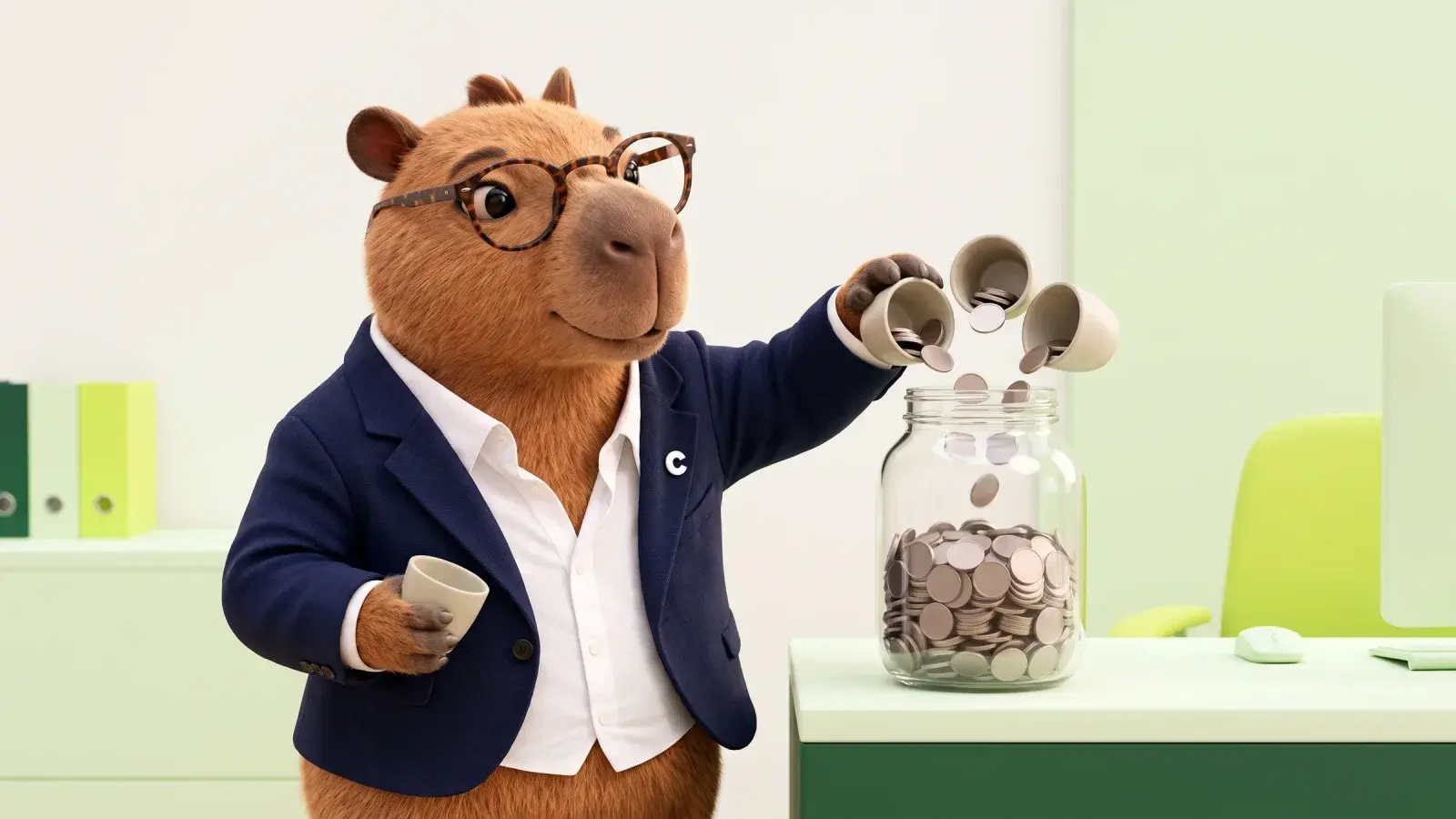 Capzbara, the Capzy mascot, pouring small handfuls of plain coins from many little cups into one large glass jar on a tidy desk