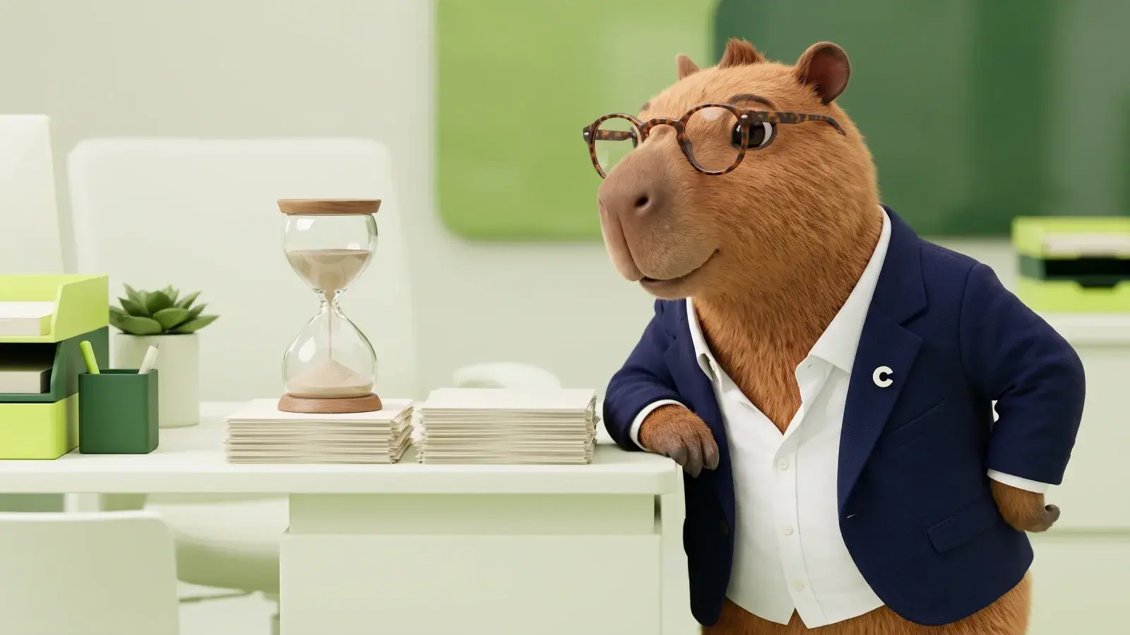 Capzbara, the Capzy mascot, watching sand run through an hourglass beside two plain stacks of paper invoices