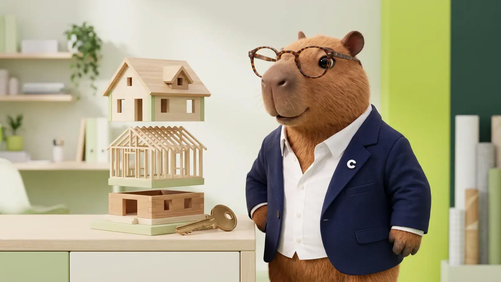 Capzbara beside a small wooden house model built in three stages, with a brass key on the desk