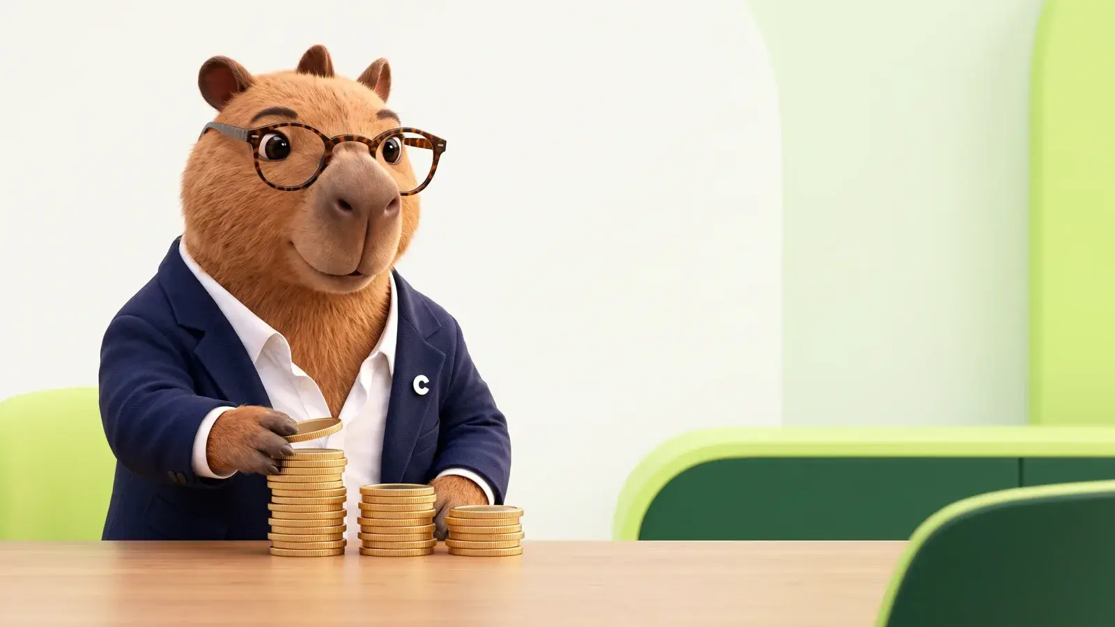 Capzbara, the Capzy mascot, dividing a neat stack of coins into three small piles on a tidy desk