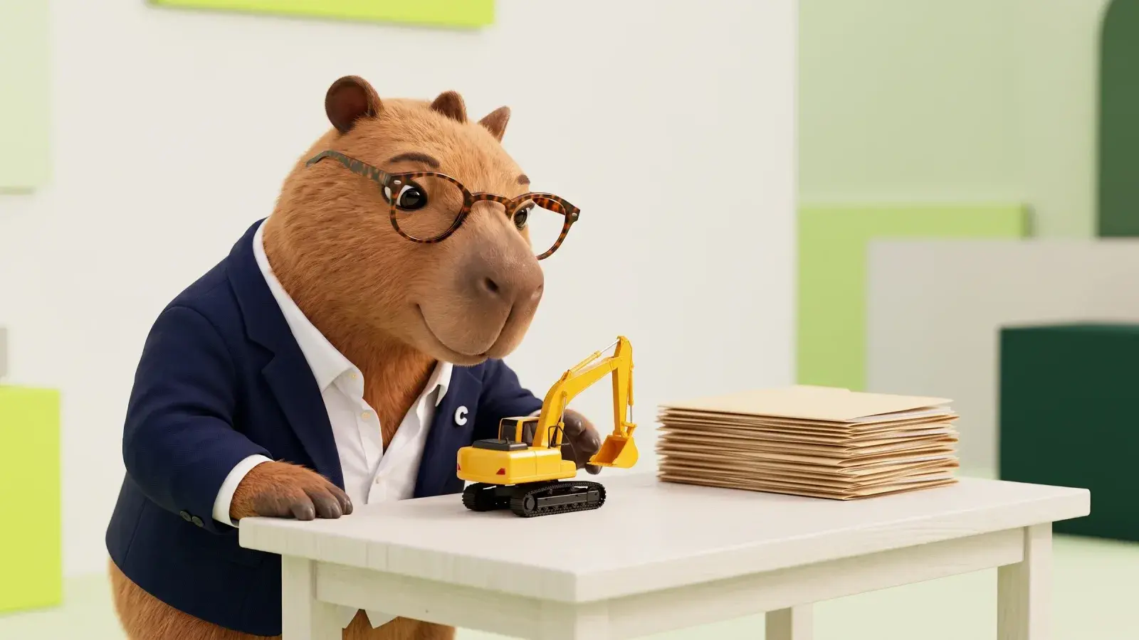 Capzbara, the Capzy mascot, inspecting a small yellow toy excavator on a workbench with a tidy stack of paper folders beside it