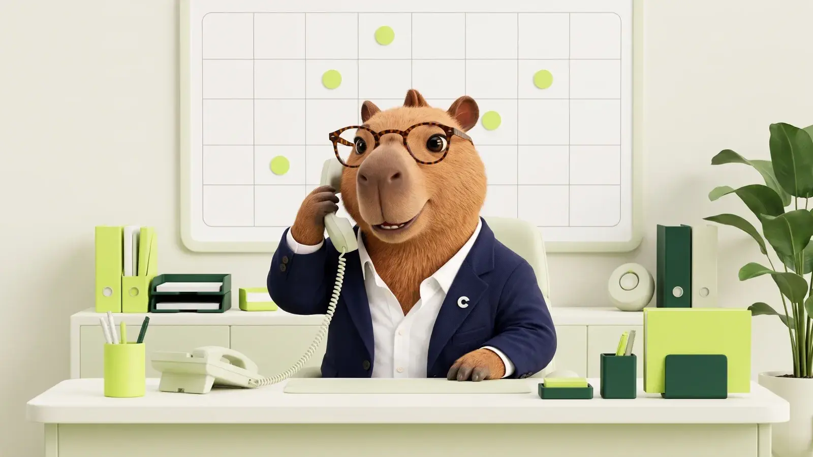 Capzbara on the phone at a desk, a wall calendar with evenly spaced green markers behind