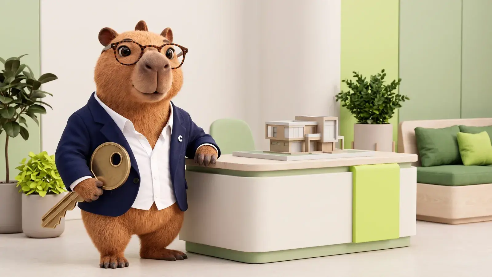 Capzbara, the Capzy mascot, carrying a brass room key across a tidy lobby desk beside a small model building