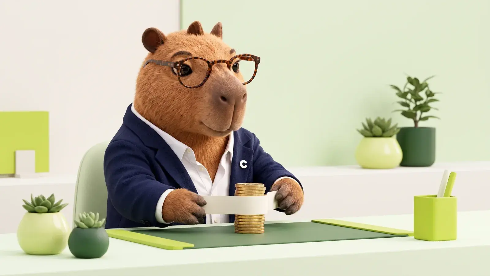 Capzbara, the Capzy mascot, fitting a plain paper band around a small stack of coins to see if it is covered at a tidy desk