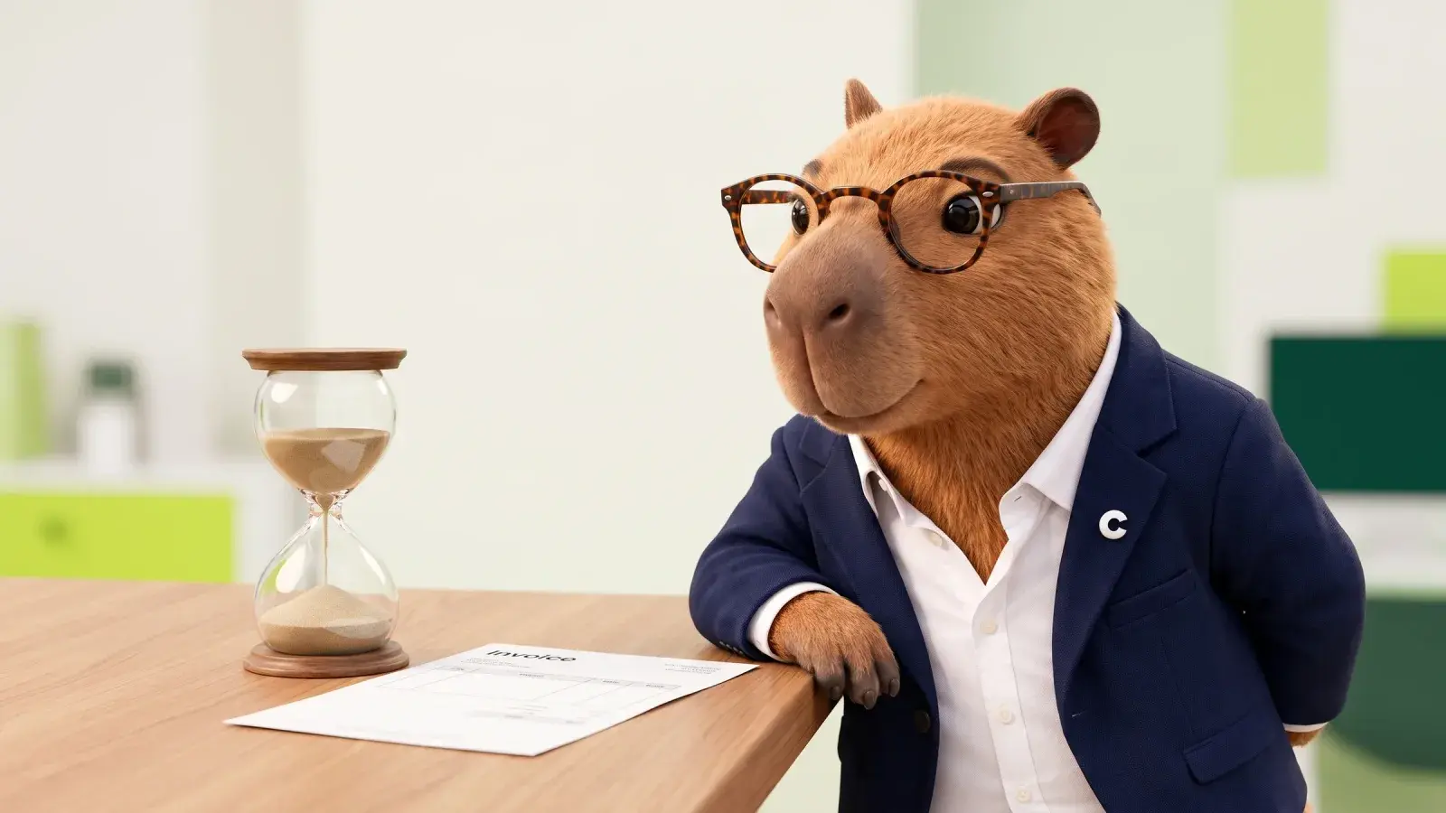 Capzbara, the Capzy mascot, watching an hourglass beside an unpaid paper invoice on a tidy desk