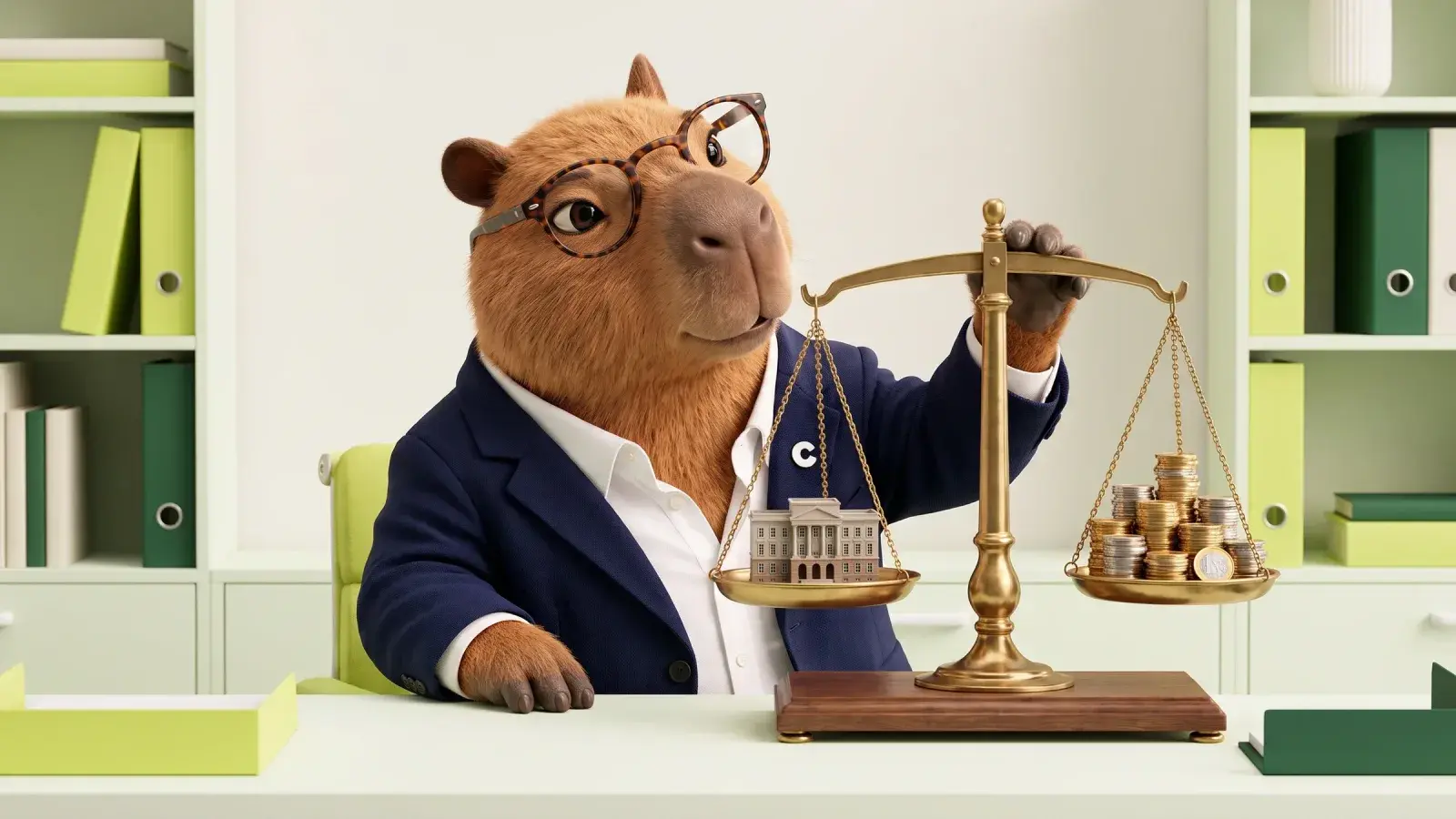 Capzbara, the Capzy mascot, weighing a small model building against a stack of coins on a brass balance scale