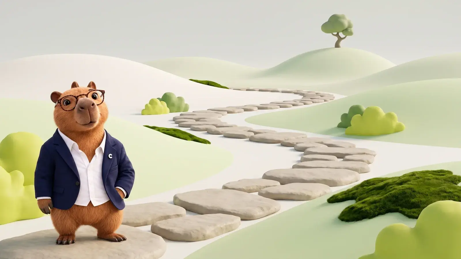 Capzbara, the Capzy mascot, standing at the start of a long winding path made of stepping stones that leads to a small tree on a distant hill