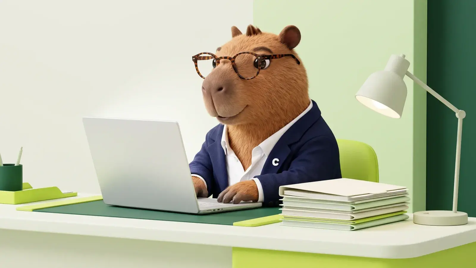 Capzbara, the Capzy mascot, typing on an open laptop at a tidy desk beside a neat stack of blank paper folders and a desk lamp