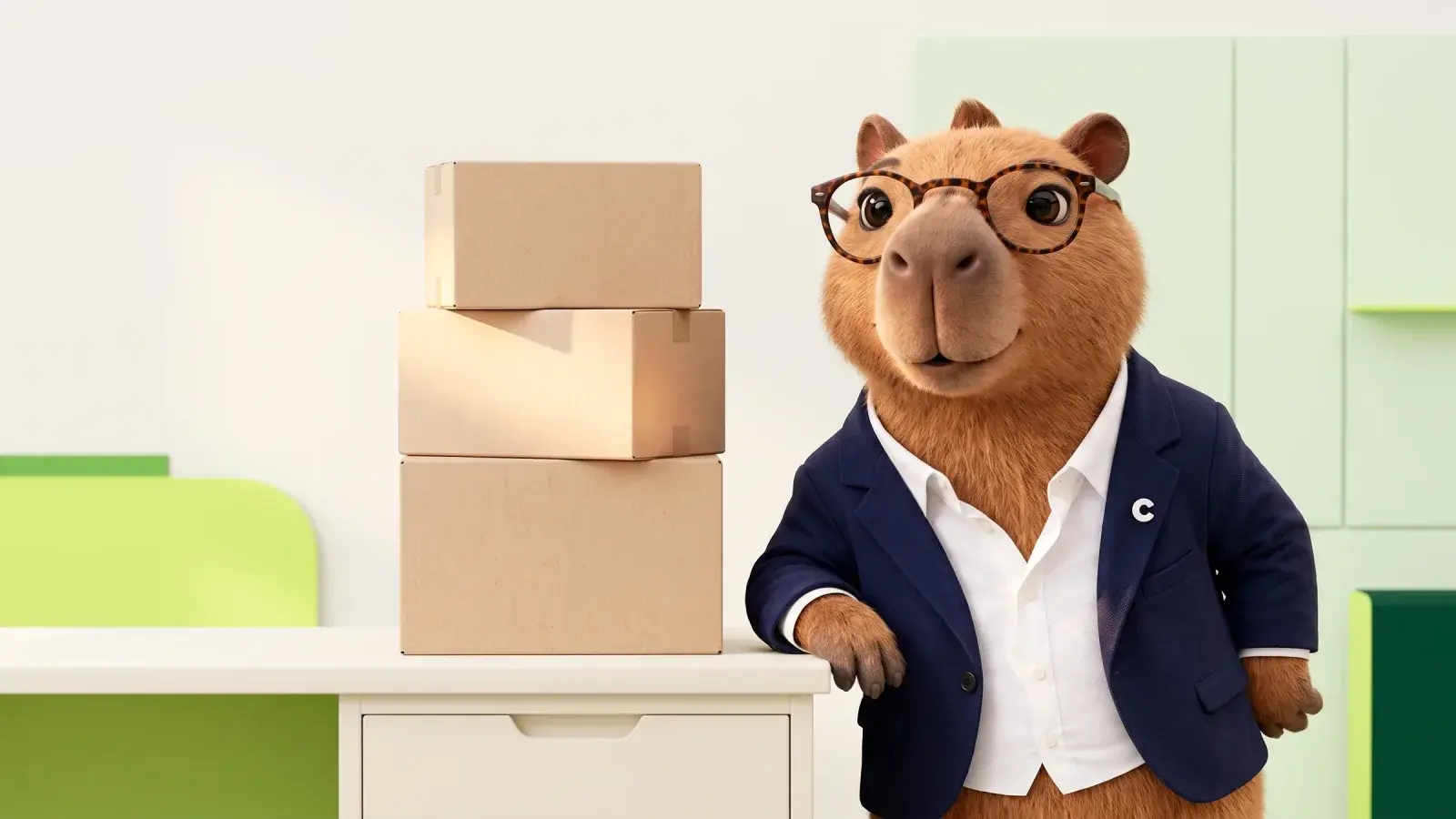 Capzbara at a desk with three plain paper boxes stacked in a tidy tower, the middle one highlighted