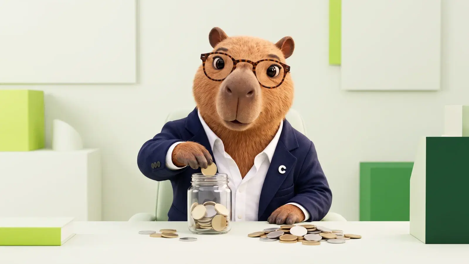 Capzbara sorting a pile of plain coins into a small jar at a tidy desk, with a larger pile set aside