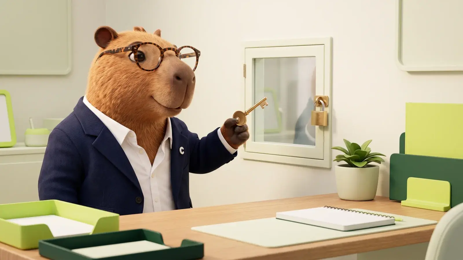 Capzbara, the Capzy mascot, holding a brass key up to a small padlocked glass window on a tidy desk