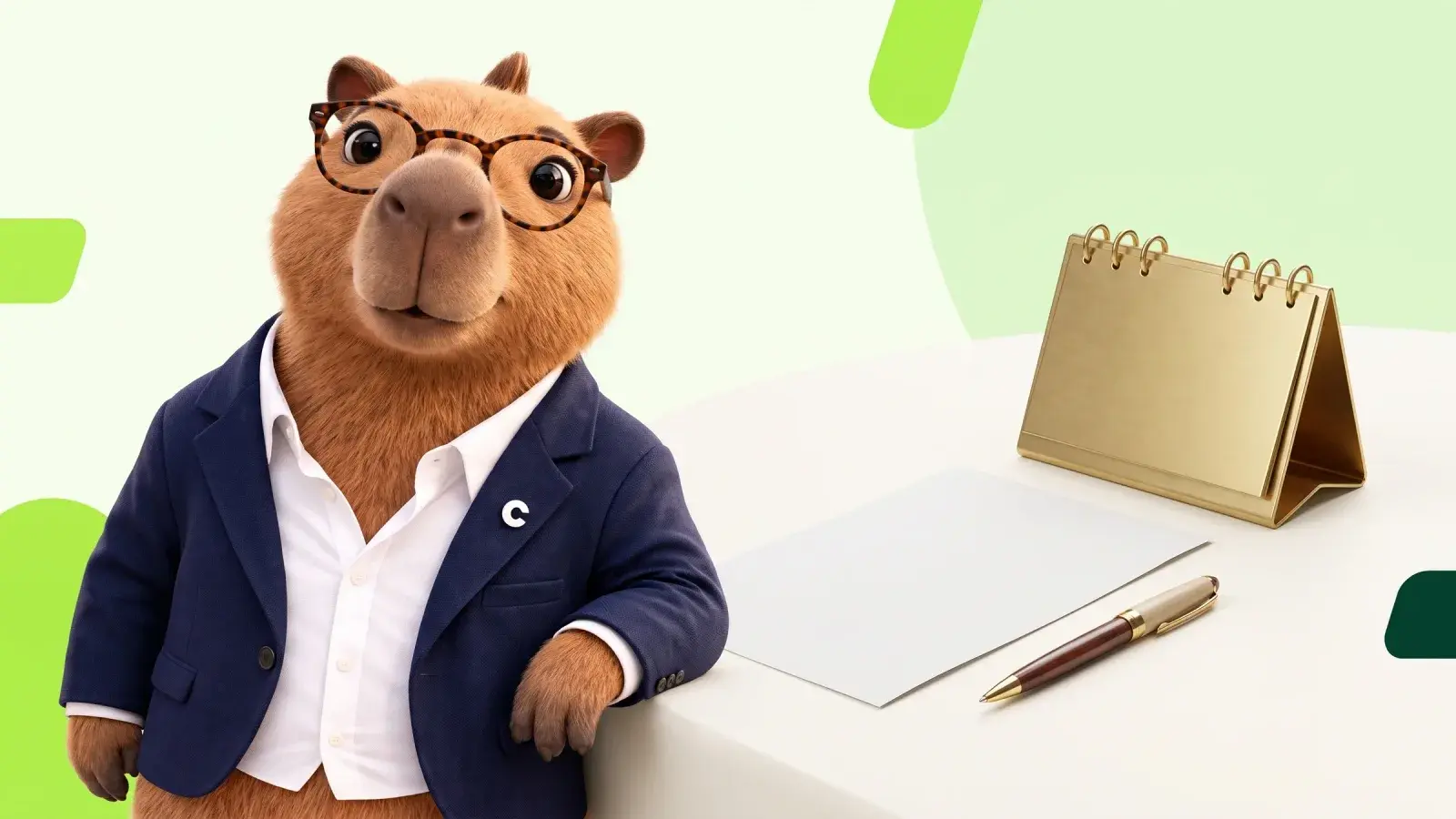 Capzbara beside a plain paper invoice and a brass desk calendar with a pen resting on the page