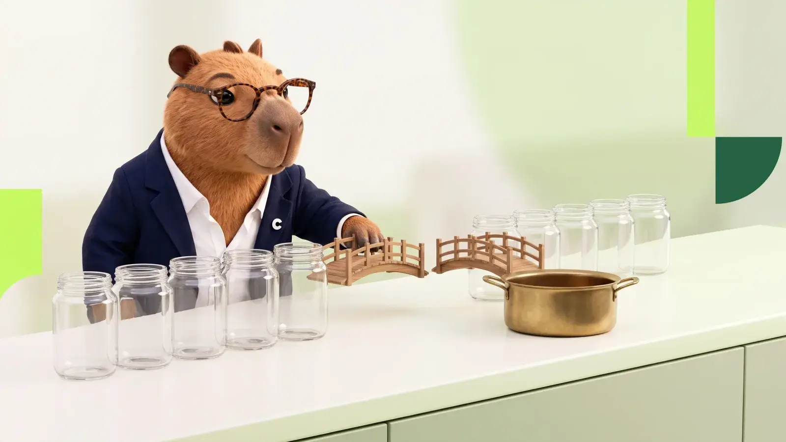 Capzbara, the Capzy mascot, linking two small wooden bridges between a row of identical jars and a single brass pot on a tidy desk