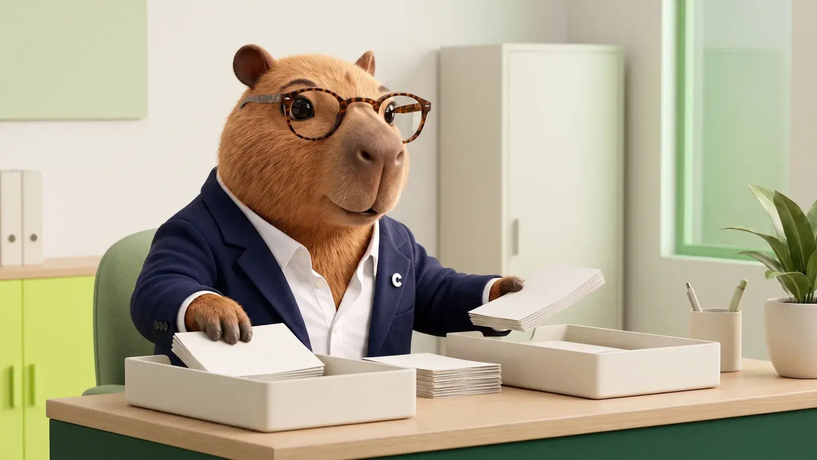 Capzbara, the Capzy mascot, sorting two plain stacks of paper slips into incoming and outgoing trays at a tidy desk