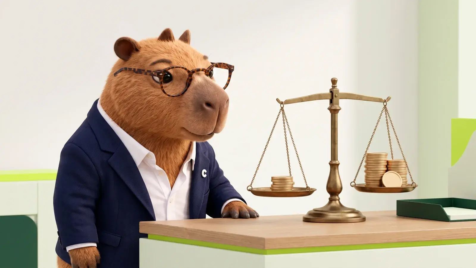 Capzbara, the Capzy mascot, weighing a small stack of plain coins against a larger stack on a brass balance scale at a tidy desk