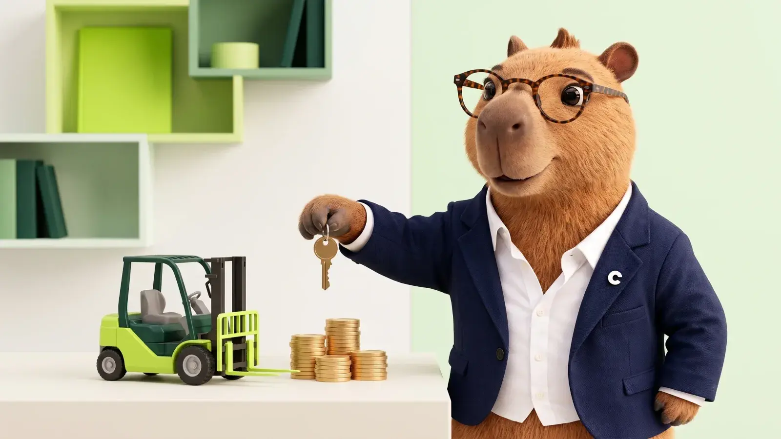 Capzbara, the Capzy mascot, handing a small brass key across a tidy desk beside a toy forklift and a neat stack of coins