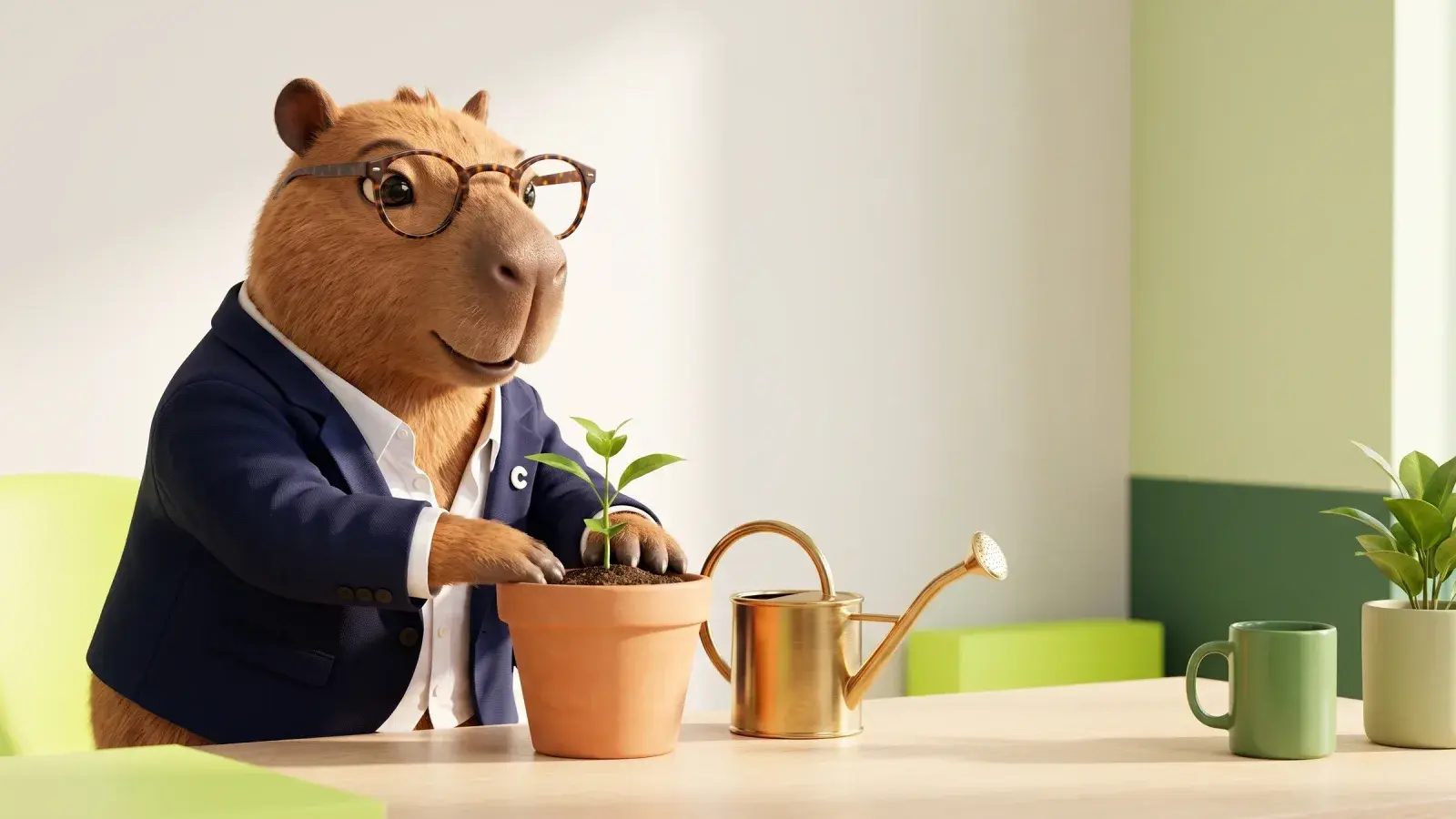 Capzbara planting a small seedling in a plain terracotta pot beside a brass watering can at a sunlit desk