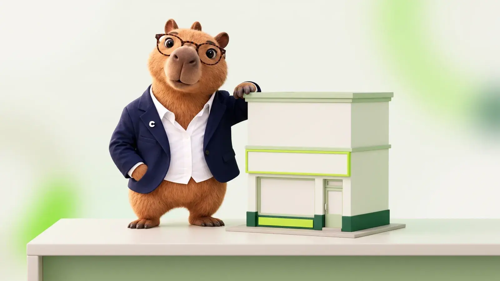 Capzbara, the Capzy mascot, standing beside a small model building with a shopfront on the ground floor and a flat above it