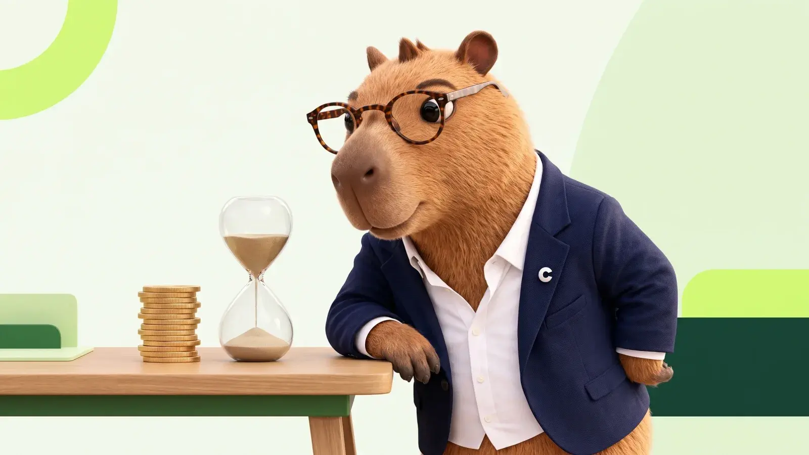 Capzbara, the Capzy mascot, watching a plain sand timer beside a short stack of coins on a tidy wooden desk