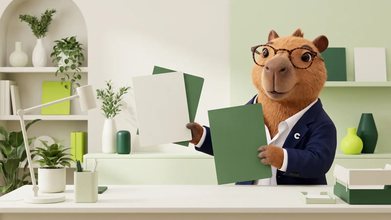 Capzbara, the Capzy mascot, holding two plain paper folders, one light and one dark, in front of a tidy desk