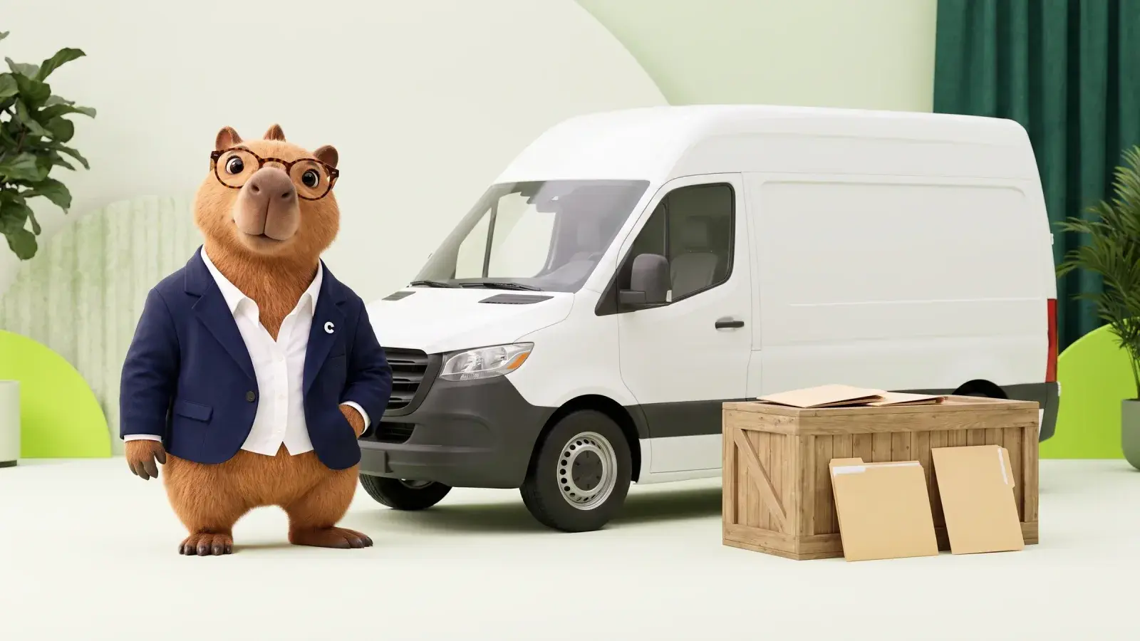 Capzbara, the Capzy mascot, standing beside a plain white delivery van with three paper folders laid out on a crate
