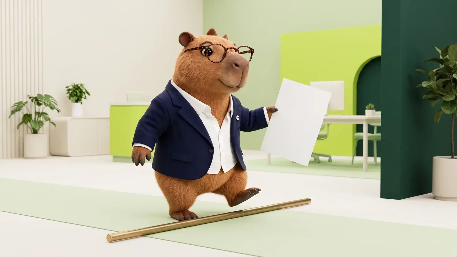 Capzbara, the Capzy mascot, stepping over a plain brass bar laid across an office floor while holding a blank paper form