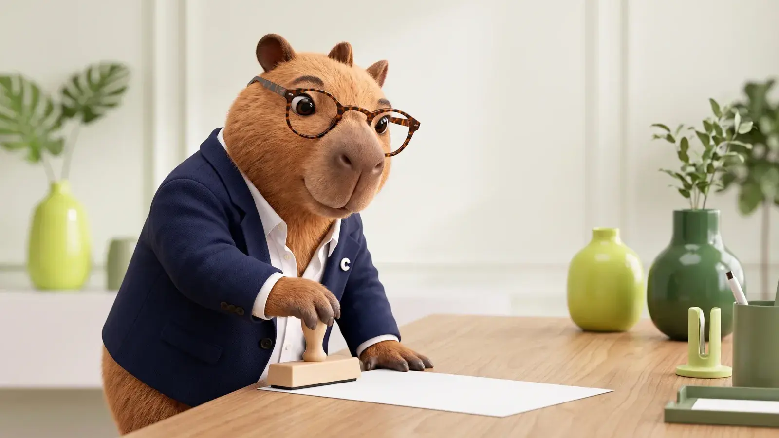 Capzbara, the Capzy mascot, pressing a plain rubber stamp onto a blank paper document on a tidy wooden desk