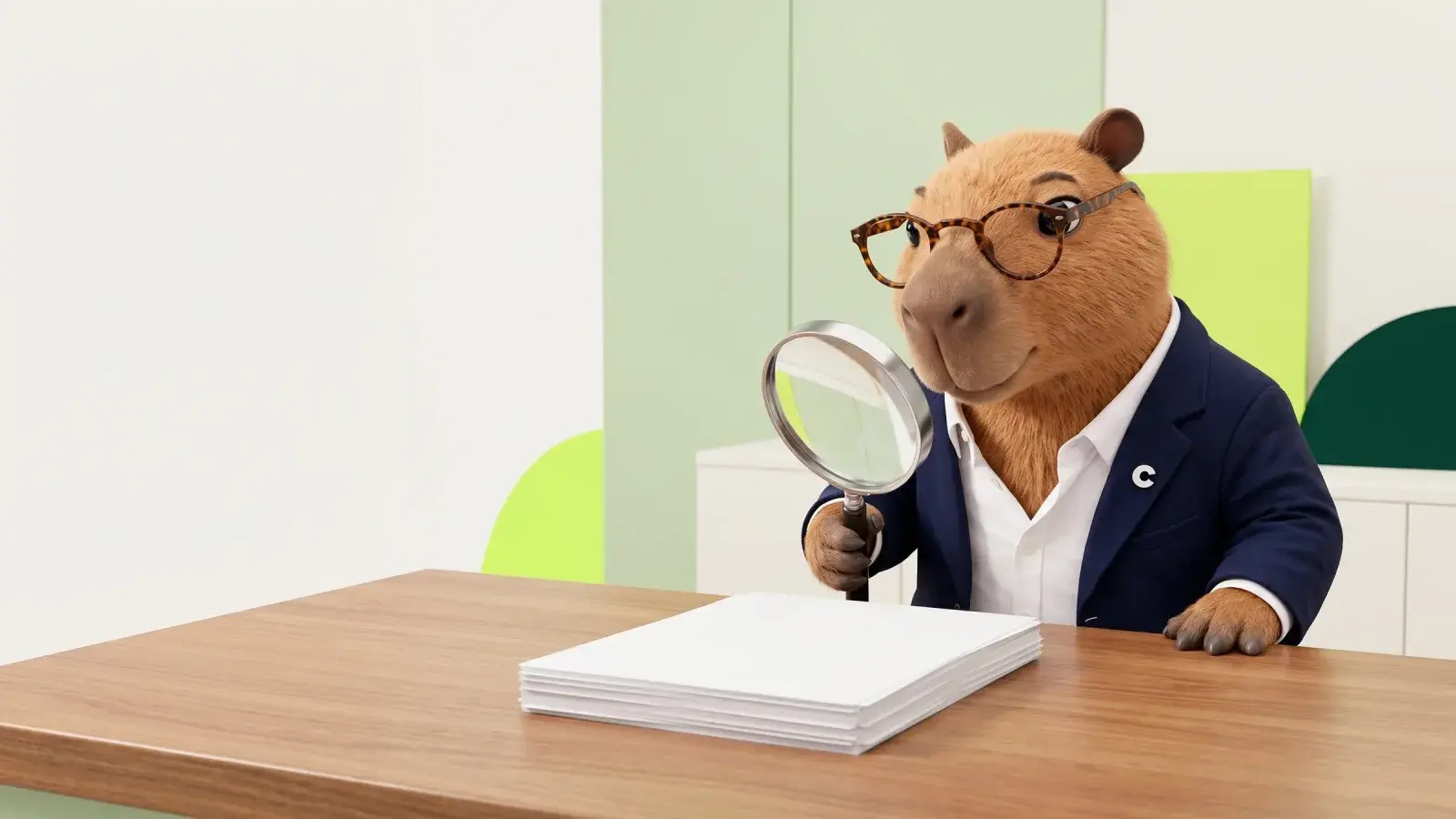 Capzbara, the Capzy mascot, holding a magnifying glass over a neat stack of paper sheets on a tidy desk
