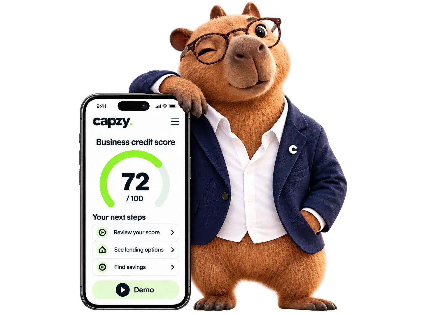 The Capzy mascot leaning on a phone showing a Funding Score of 72