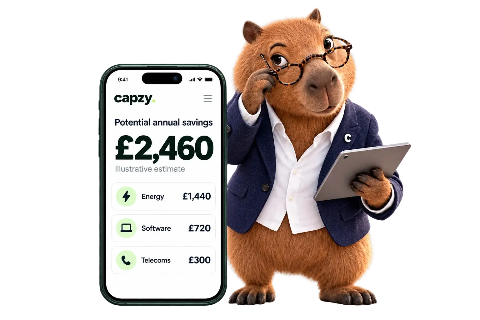 Capzy holding a tablet next to a phone showing potential annual savings