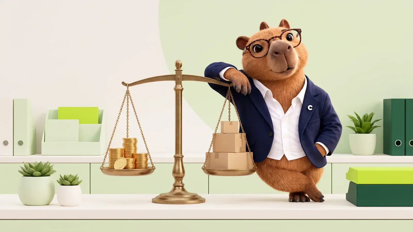 Capzbara, the Capzy mascot, balancing a stack of coins against a stack of plain boxes on a brass balance scale at a tidy desk