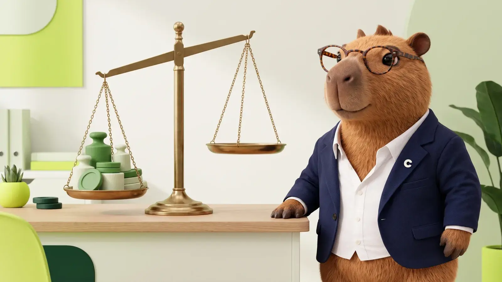 Capzbara, the Capzy mascot, standing beside a brass balance scale with an empty tray tipped below a full tray at a tidy desk