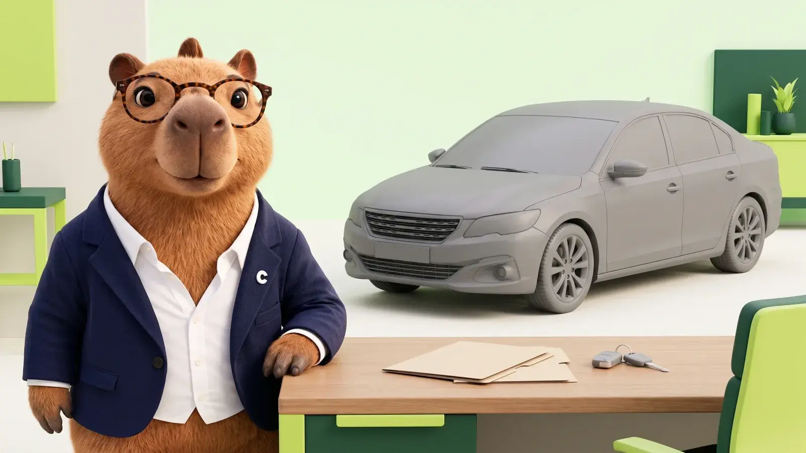 Capzbara, the Capzy mascot, beside a plain grey saloon car with two paper folders and a pair of car keys on a desk