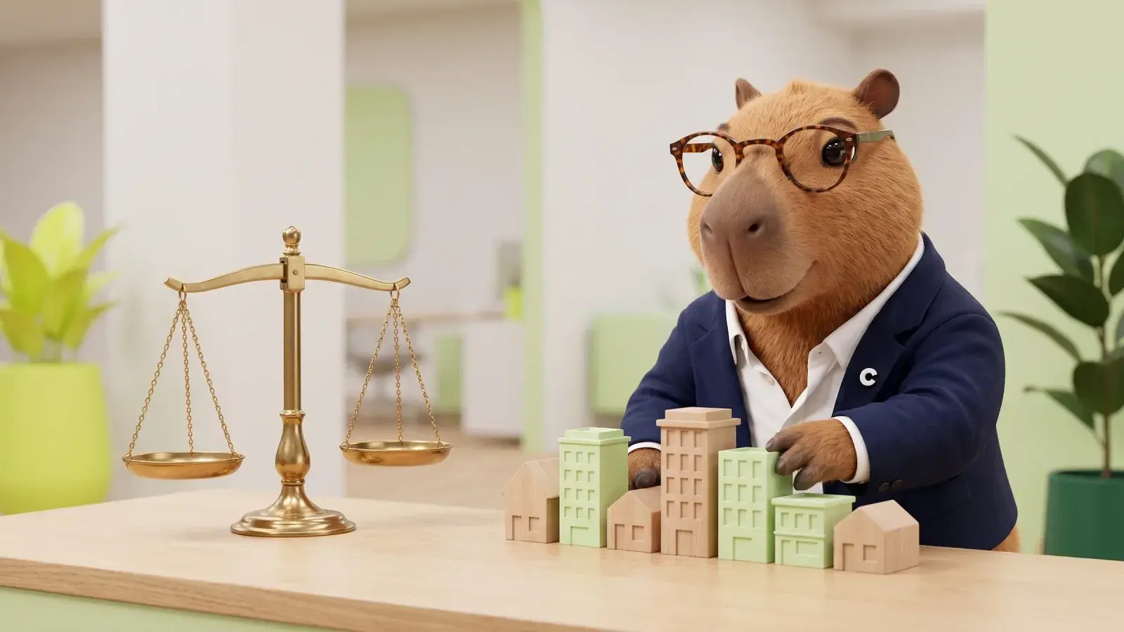 Capzbara, the Capzy mascot, lining up small model buildings in a row on a desk beside a brass balance scale