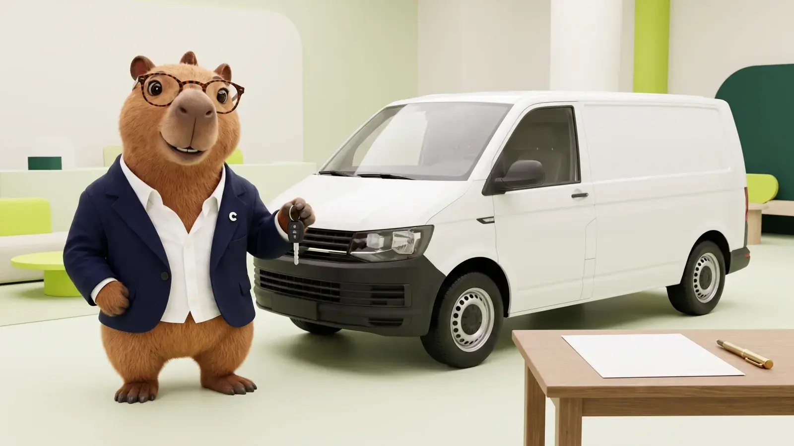 Capzbara, the Capzy mascot, holding a set of car keys beside a plain white van, with a paper agreement and a brass pen on a small table
