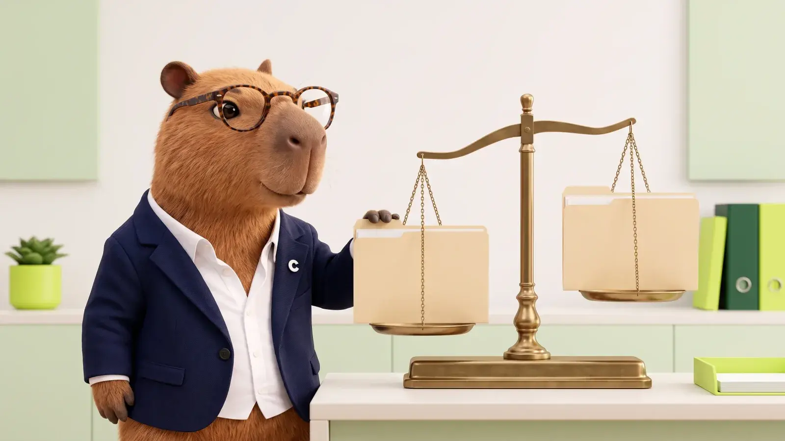 Capzbara, the Capzy mascot, weighing two plain paper folders on a brass balance scale at a tidy desk