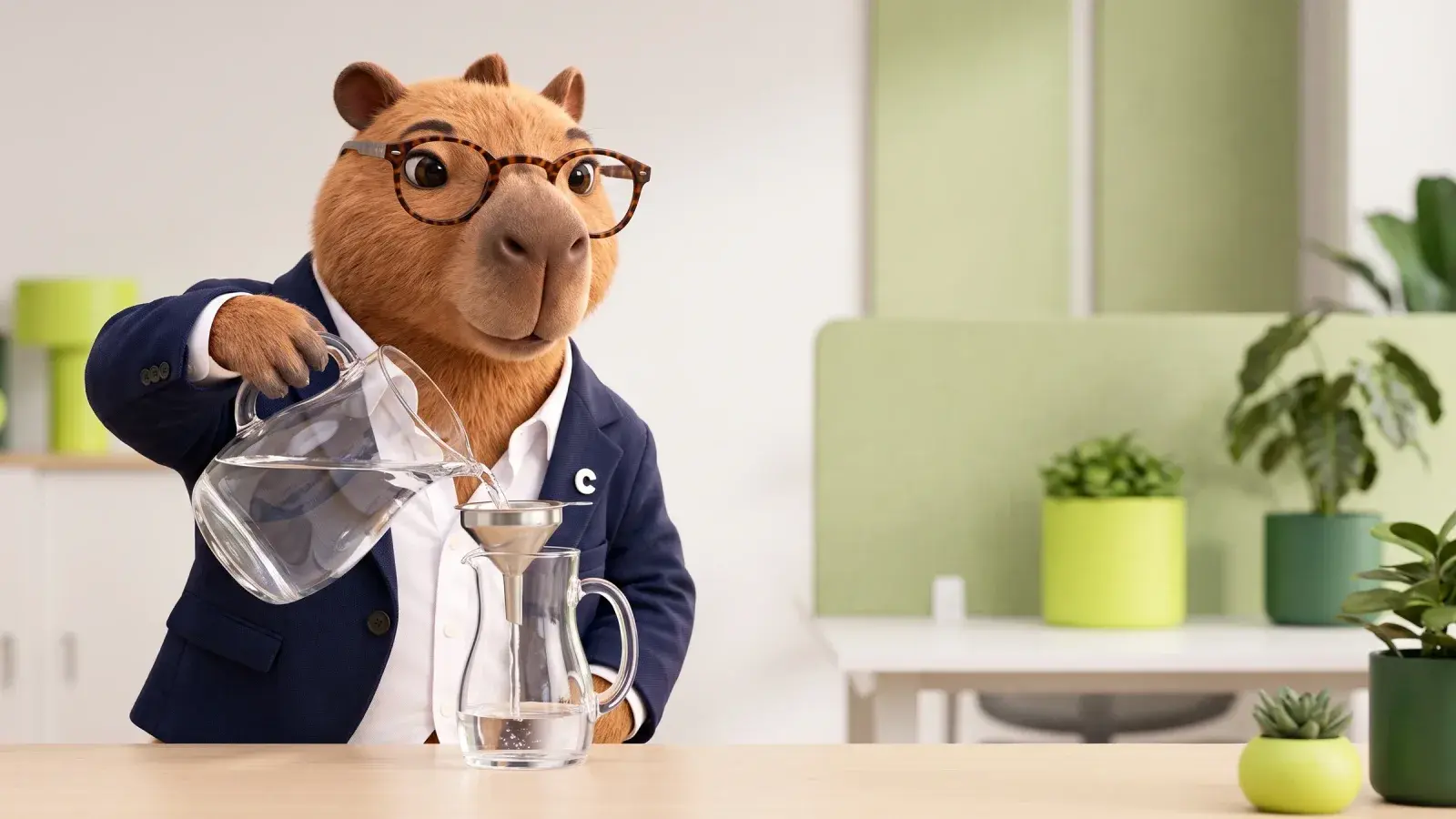 Capzbara, the Capzy mascot, pouring water from a glass jug through a small funnel into a second jug at a tidy desk