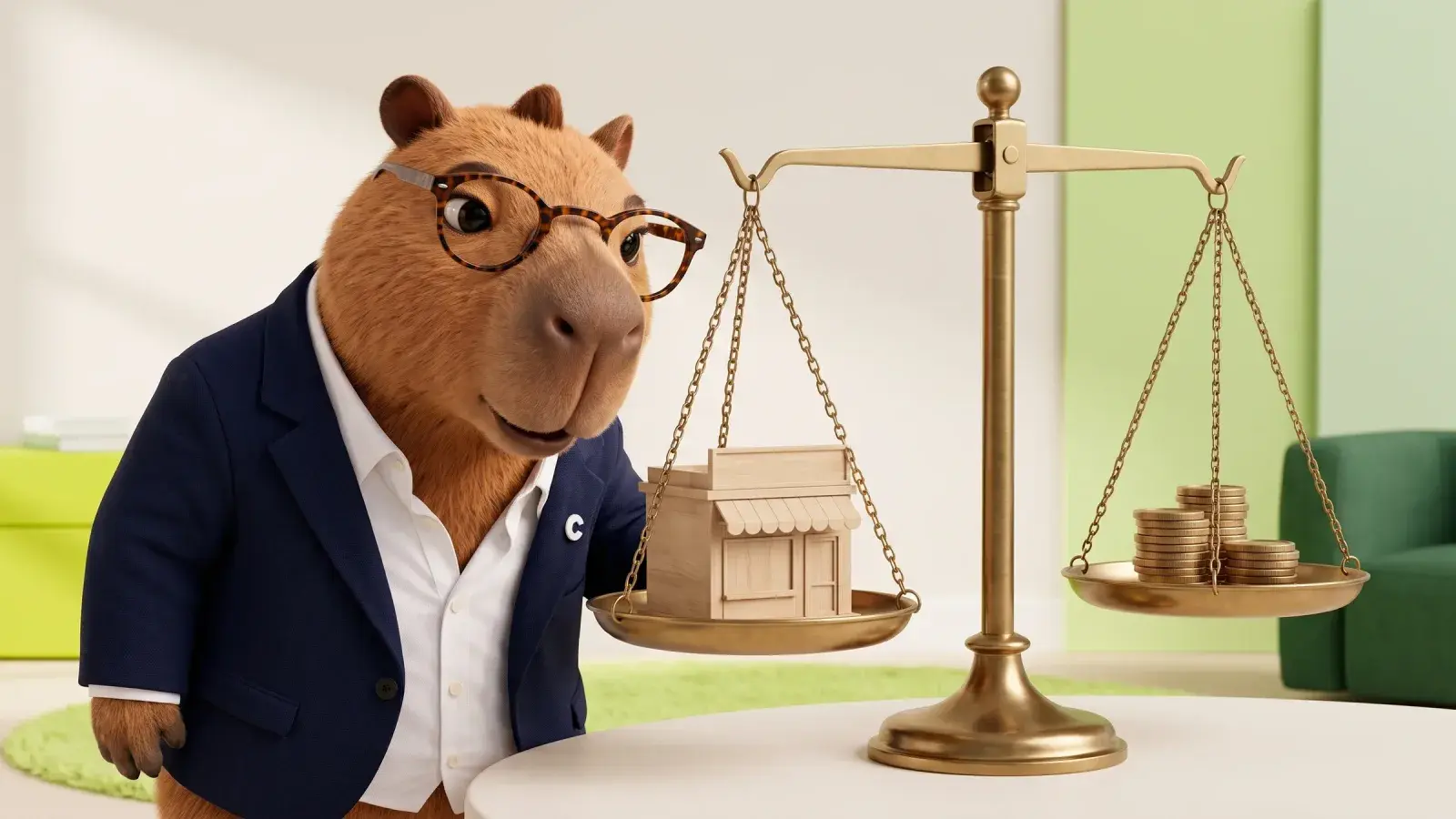 Capzbara studying a small wooden shop model on a brass balance scale beside a stack of coins
