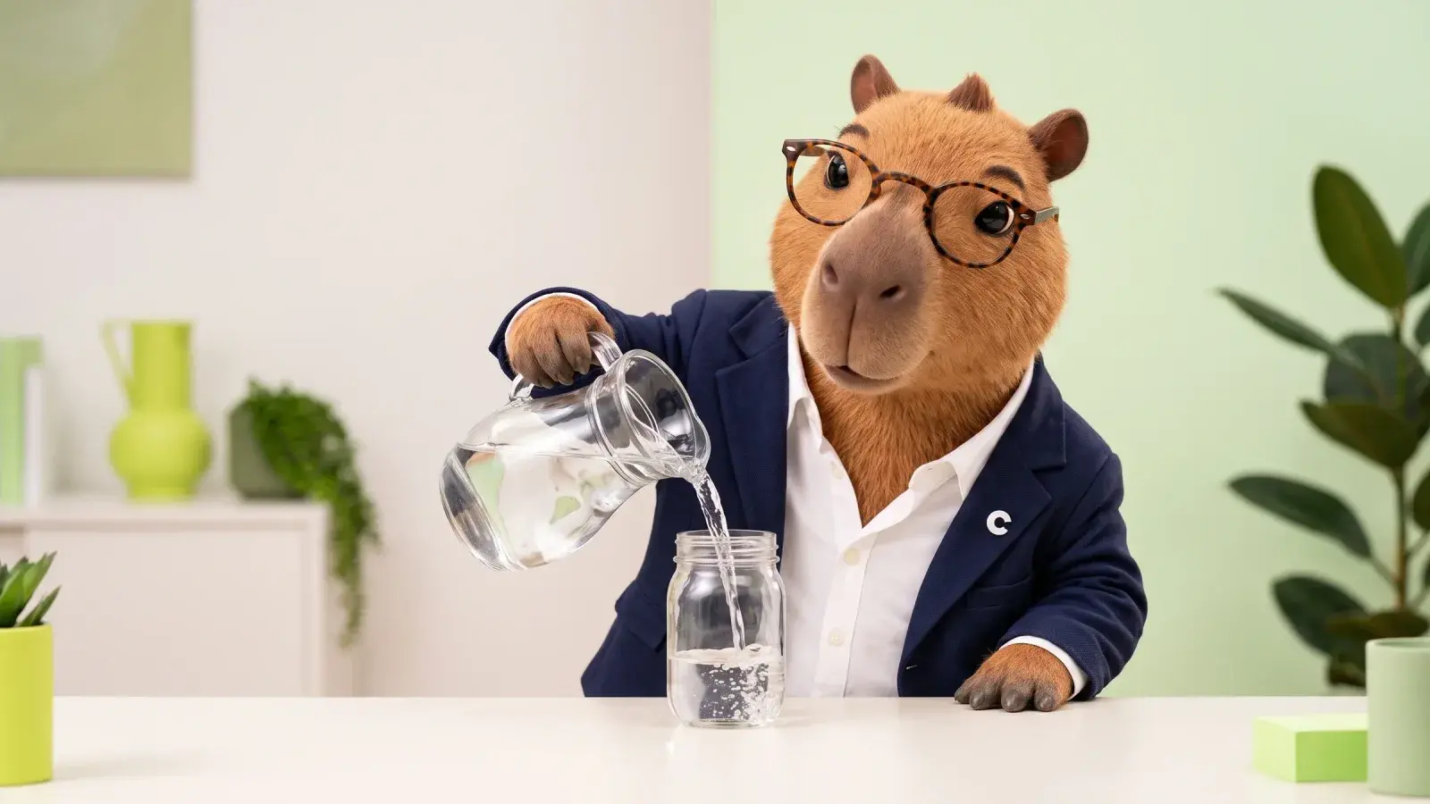 Capzbara, the Capzy mascot, pouring water from a glass jug into a glass jar and back again at a tidy desk