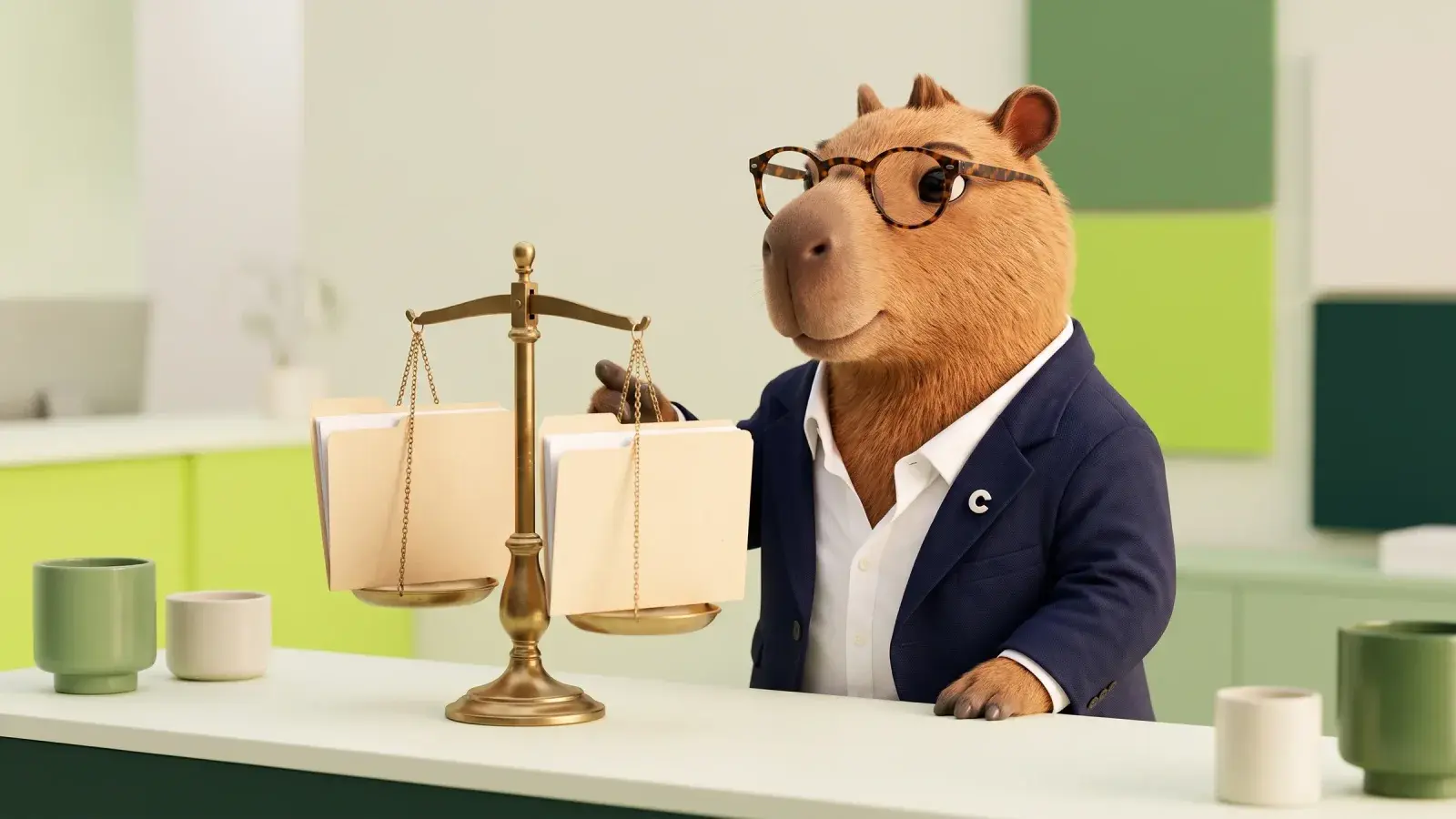 Capzbara weighing two plain paper folders on a brass balance scale at a tidy desk