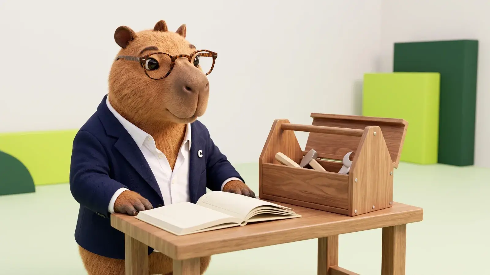 Capzbara, the Capzy mascot, standing at a small workbench with a toolbox and a single open ledger