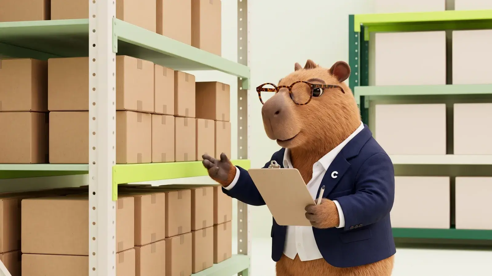 Capzbara, the Capzy mascot, counting neat rows of plain cardboard boxes on a tidy warehouse shelf while holding a clipboard