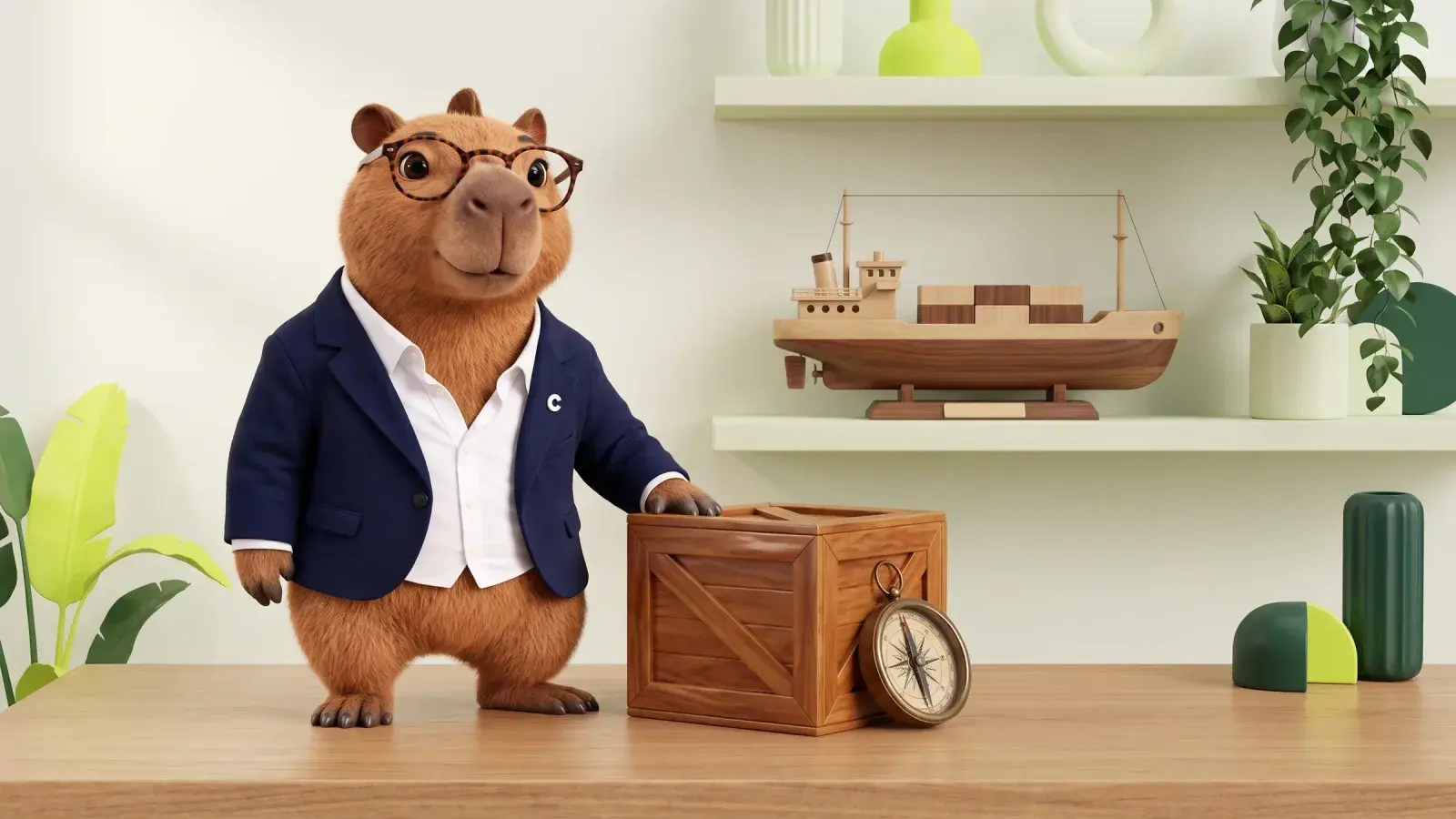 Capzbara, the Capzy mascot, standing at a tidy desk beside a small wooden crate and a brass compass, with a toy cargo ship on a shelf behind