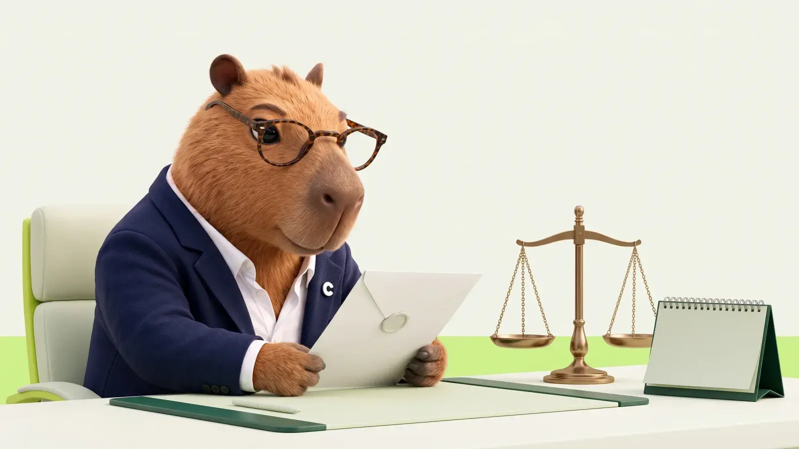 Capzbara, the Capzy mascot, reading a single sealed paper document at a tidy desk beside a brass balance scale and a closed calendar