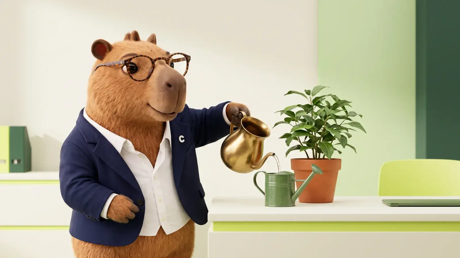 Capzbara, the Capzy mascot, pouring water from a brass jug into a small watering can beside a potted plant on a tidy desk